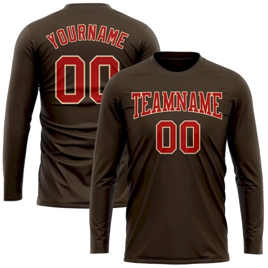 Custom Brown Red-Cream Long Sleeve Performance T-Shirt Custom Brown Red-Cream Long Sleeve Performance T-Shirt