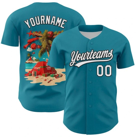 Custom Teal White-Black 3D Funny Christmas Authentic Baseball Jersey Custom Teal White-Black 3D Funny Christmas Authentic Baseball Jersey