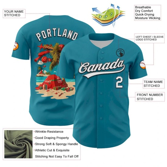 Custom Teal White-Black 3D Funny Christmas Authentic Baseball Jersey Custom Teal White-Black 3D Funny Christmas Authentic Baseball Jersey