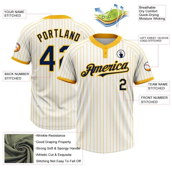 Custom White Gold Pinstripe Navy Two-Button Unisex Softball Jersey Custom White Gold Pinstripe Navy Two-Button Unisex Softball Jersey