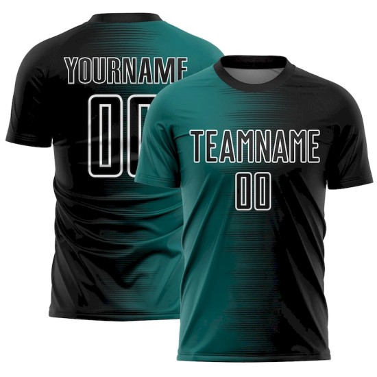 Custom Black Teal-White Gradient Line Sublimation Soccer Uniform Jersey