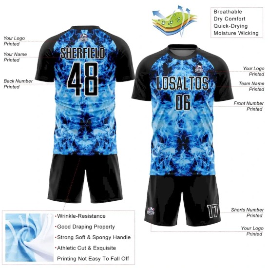 Custom Black Sky Blue-White Flame Sublimation Soccer Uniform Jersey Custom Black Sky Blue-White Flame Sublimation Soccer Uniform Jersey