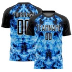 Custom Black Sky Blue-White Flame Sublimation Soccer Uniform Jersey Custom Black Sky Blue-White Flame Sublimation Soccer Uniform Jersey