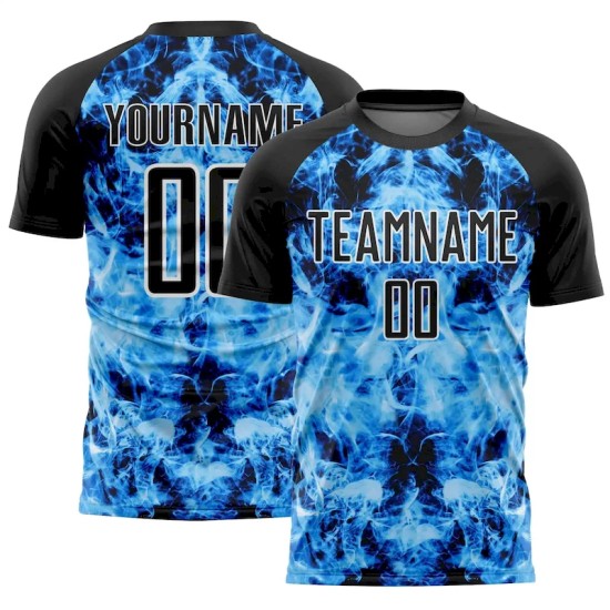 Custom Black Sky Blue-White Flame Sublimation Soccer Uniform Jersey Custom Black Sky Blue-White Flame Sublimation Soccer Uniform Jersey
