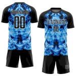 Custom Black Sky Blue-White Flame Sublimation Soccer Uniform Jersey Custom Black Sky Blue-White Flame Sublimation Soccer Uniform Jersey