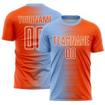 Custom Light Blue Orange-White Gradient Line Sublimation Soccer Uniform Jersey