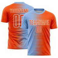 Custom Light Blue Orange-White Gradient Line Sublimation Soccer Uniform Jersey