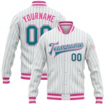 Custom White Teal Pinstripe Pink Bomber Full-Snap Varsity Letterman Jacket Custom White Teal Pinstripe Pink Bomber Full-Snap Varsity Letterman Jacket