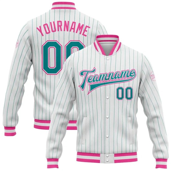 Custom White Teal Pinstripe Pink Bomber Full-Snap Varsity Letterman Jacket Custom White Teal Pinstripe Pink Bomber Full-Snap Varsity Letterman Jacket