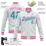 Custom White Teal Pinstripe Pink Bomber Full-Snap Varsity Letterman Jacket Custom White Teal Pinstripe Pink Bomber Full-Snap Varsity Letterman Jacket