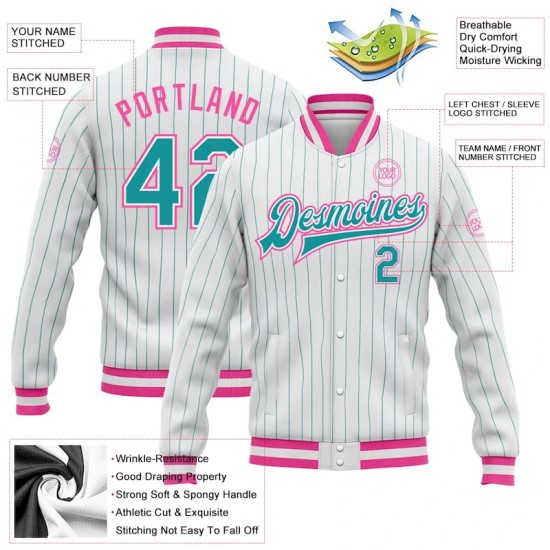 Custom White Teal Pinstripe Pink Bomber Full-Snap Varsity Letterman Jacket Custom White Teal Pinstripe Pink Bomber Full-Snap Varsity Letterman Jacket