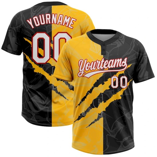 Custom Graffiti Pattern Black Gold-Red 3D Two-Button Unisex Softball Jersey Custom Graffiti Pattern Black Gold-Red 3D Two-Button Unisex Softball Jersey