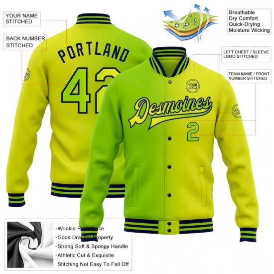 Custom Neon Yellow Neon Green-Navy Bomber Full-Snap Varsity Letterman Gradient Fashion Jacket Custom Neon Yellow Neon Green-Navy Bomber Full-Snap Varsity Letterman Gradient Fashion Jacket