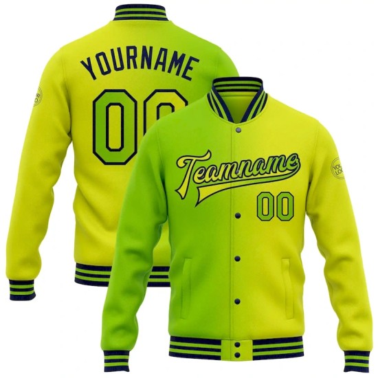 Custom Neon Yellow Neon Green-Navy Bomber Full-Snap Varsity Letterman Gradient Fashion Jacket Custom Neon Yellow Neon Green-Navy Bomber Full-Snap Varsity Letterman Gradient Fashion Jacket