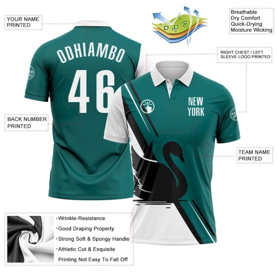 Custom Teal White-Black 3D Pattern Design Animal Swan Performance Polo Shirt